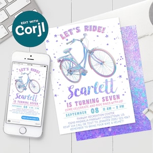 K&ouml;nnte beinhalten: Eine Geburtstagseinladung mit einer Fahrradillustration. Die Einladung lautet "Let's Ride! Scarlett wird sieben" mit Veranstaltungsdetails. Ein Smartphone zeigt das gleiche Design. Das Design ist in Blau- und Lilat&ouml;nen gehalten.