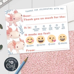 Axolotl verjaardag kinderen bedankje - meisje roze Axlotl emoties selectievakje Bedankt kaart 5 x 7 & 4 x 6 afdrukbare bewerkbare sjabloon PDF JPG AX225