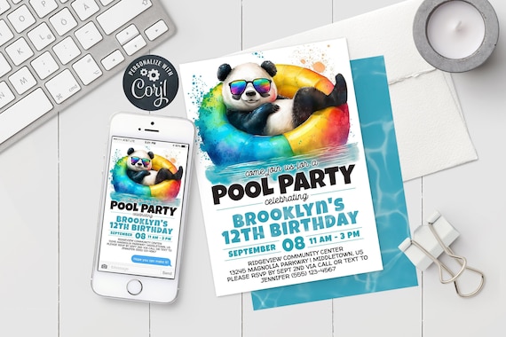 Panda Pool Party Birthday Invitation, Digital Invite 5x7 4x6 Printable Editable Template PDF JPG