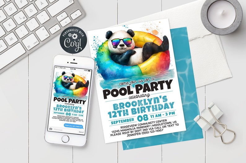 Kids Pool Party Invitation with mobile digital invite, panda in sunglasses.