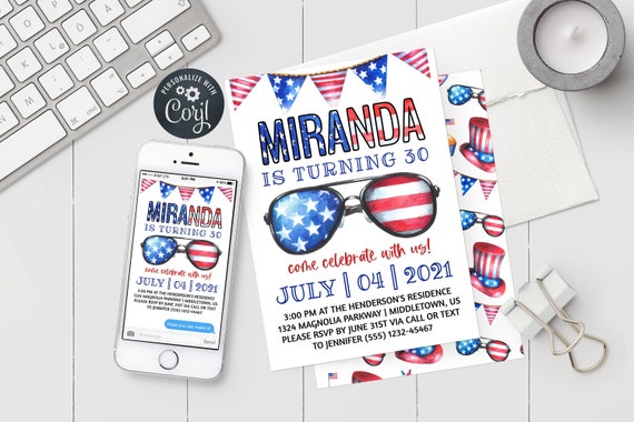 4th of July Birthday Invitation: Patriotic Flag Glasses, Digital Invite 5x7 4x6 Editable Template