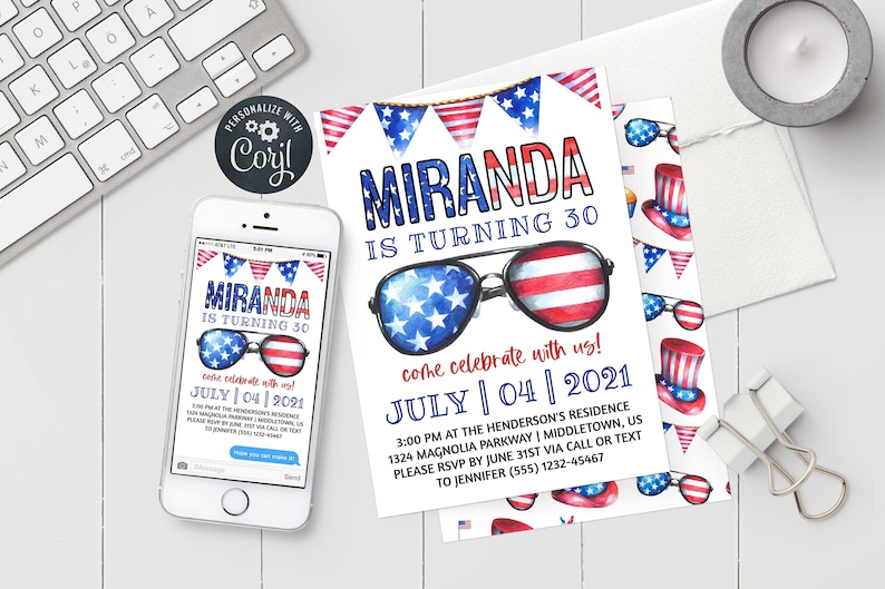 4th of July Birthday Invitation with mobile digital invite, patriotic independence day sunglasses and flags.