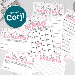 Pink Cupcake Baby Sprinkle Games Bundle - Girl Baby Shower 5x7 and 5x3.5 Digital Game Sheets & Cards, Editable Templates PDF JPG PCB1024
