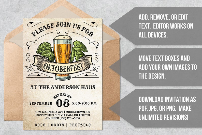 Oktoberfest Invitation Beer & Hops Printable Oktoberfest Invitation Editable Template Instant Download PDF, JPG, or PNG image 6