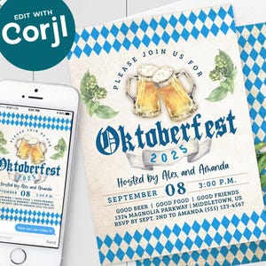 Invitation d'Oktoberfest - Le houblon traditionnel bavarois bleu de carte de voeux de Zazzle.be Liste d'envies Vous avez des idées ? 5 x 7 4 x 6 | Modèle modifiable Téléchargement instantané PDF JPG