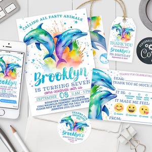 Rainbow Dolphin Birthday Printable Bundle - Invitation Party Set 5x7 4x6 Digital Invite Editable Tag Label Thank You Template PDF JPG RD0423