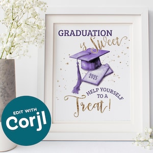Graduation Treat Sign Template, Purple Grad Cap Graduation is Sweet Favors Dessert Sign Editable Printable PDF, JPG | 8x10 | 5x7 | PG425