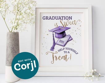 Plantilla para letrero de postre de graduación, birrete morado, "Graduación es dulce", letrero editable e imprimible en PDF, JPG / 8x10 / 5x7 / PG425