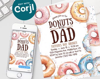 Donuts mit Papa Vatertags-Brunch-Einladung - 5x7 & 4x6 Digital Invite Bearbeitbare Corjl-Vorlage Sofortiger Download PDF, JPG