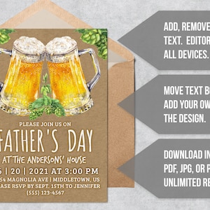 May include: A Father's Day invitation with a rustic brown background featuring two glasses of beer with green hops. The text reads "Please join us on Father's Day at the Andersons' House 06 | 20 | 2021 at 3:00 PM 13254 Magnolia Ave | Middletown, US Please RSVP by Sept. 15th to Jennifer (555) 123-4567"