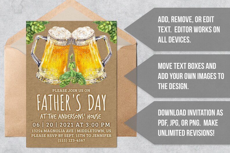May include: A Father's Day invitation with a rustic brown background featuring two glasses of beer with green hops. The text reads "Please join us on Father's Day at the Andersons' House 06 | 20 | 2021 at 3:00 PM 13254 Magnolia Ave | Middletown, US Please RSVP by Sept. 15th to Jennifer (555) 123-4567"