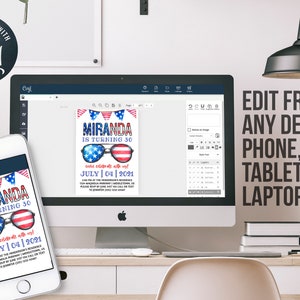 May include: A digital mockup of a 4th of July birthday invitation. The invitation features a red, white, and blue watercolor design with a pair of sunglasses with stars and stripes. The text on the invitation reads "Miranda is turning 30" and "July | 04 | 2021". The invitation is displayed on a computer screen and a smartphone.