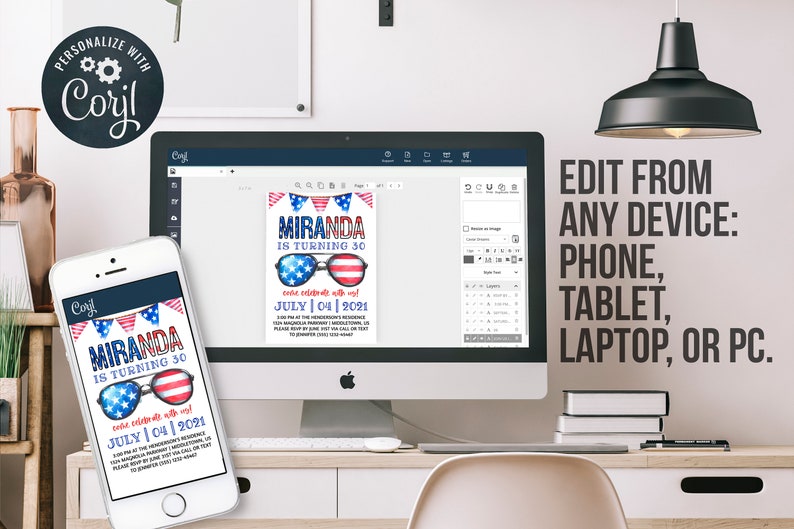 May include: A digital mockup of a 4th of July birthday invitation. The invitation features a red, white, and blue watercolor design with a pair of sunglasses with stars and stripes. The text on the invitation reads "Miranda is turning 30" and "July | 04 | 2021". The invitation is displayed on a computer screen and a smartphone.