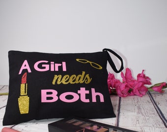 Black Makeup Pouch/Black A Girl needs both makeup pouch/Canvas Zipper Bag/Cosmetic Case/Black canvas makeup pouch/Lined canvas makeup bag