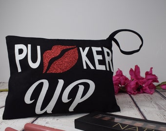 Black Makeup Pouch/Black canvas Pucker up makeup pouch/Canvas Zipper Bag/Cosmetic Case/Black canvas makeup pouch/Lined canvas makeup bag