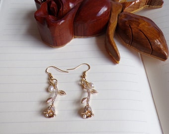 Enchanting Objects - Beauty and the Beast inspired Gold Rose Earrings with Cultured Fresh Water Pearls