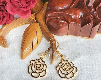 Enchanting Objects - Gold Rose Earrings: Beauty and the Beast Inspired Pearl Jewelry