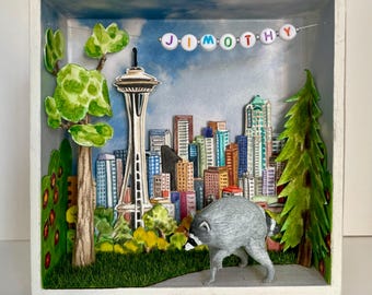 Jimothy the Raccoon Hand Painted Small Figurine Diorama Box- OOAK