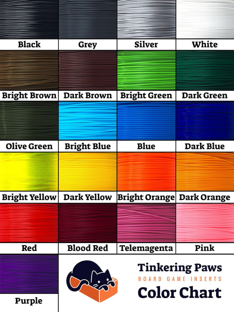 Puede incluir: Carta de colores que muestra 16 colores de filamento diferentes para la impresi&oacute;n 3D. Los colores incluyen negro, gris, plata, blanco, marr&oacute;n claro, marr&oacute;n oscuro, verde claro, verde oscuro, verde oliva, azul claro, azul, azul oscuro, amarillo claro, amarillo oscuro, naranja claro, naranja oscuro, rojo, rojo sangre, telemagenta, rosa y morado.