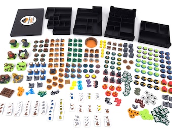 May include: A board game organizer set featuring four black plastic trays and a black lid with a circular sticker labeled Ticketing Paw Root 3D Tokens, accompanied by a large collection of small, colorful 3D-printed game tokens and markers.