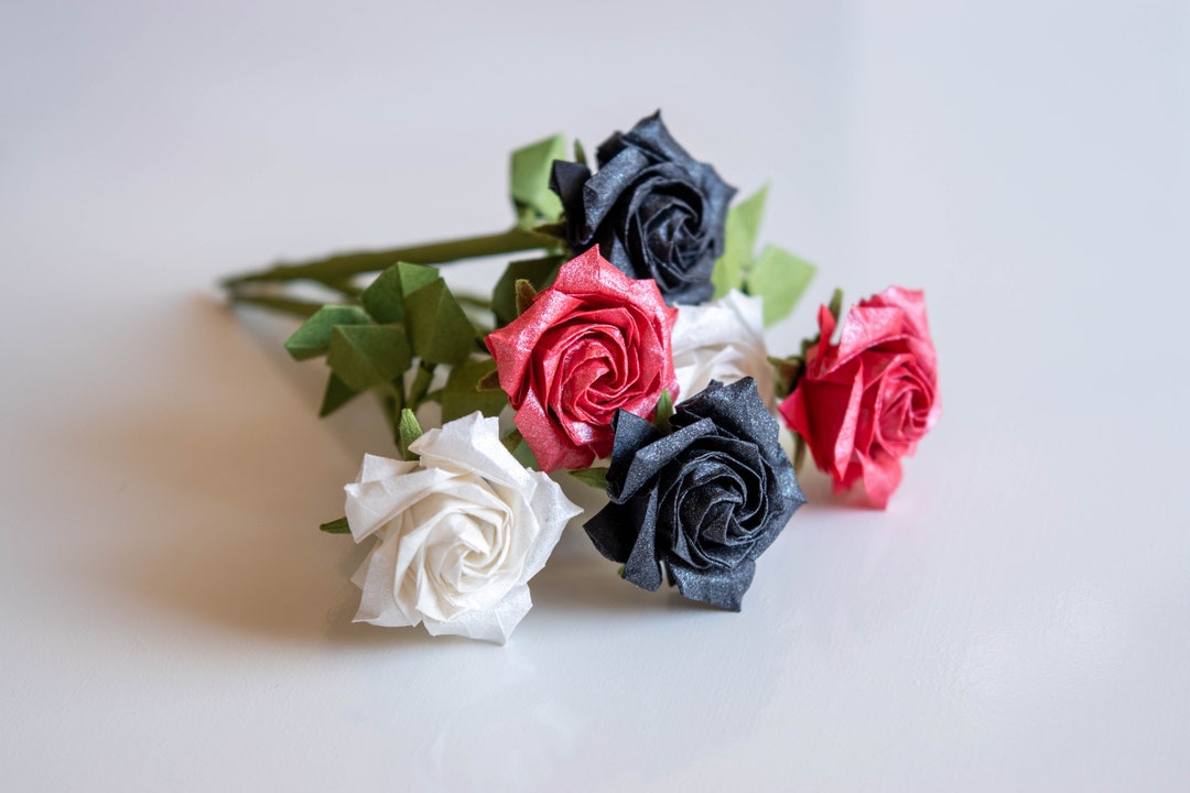Handmade Mini Origami Rose With Stem and Leaves, Red Black White, Washi ...