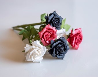 Handmade mini origami rose with stem and leaves, red black white, washi and tant paper