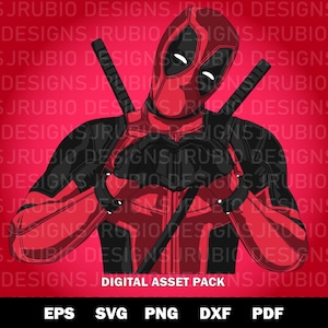 May include: A digital illustration of the character Deadpool wearing a red and black suit with two swords crossed behind the back. The character is forming a heart shape with both hands. The background features the repeating text JRUBIO DESIGNS.
