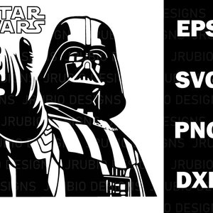May include: Black and white silhouette of Darth Vader from Star Wars, with his hand outstretched, as if to say 'join me'.