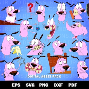 May include: A digital asset pack featuring multiple illustrations of the pink dog character Courage from Courage the Cowardly Dog, showing various expressions and poses including holding a question mark sign, a banana, and a yoyo.