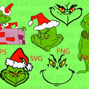 May include: A collection of green Grinch character illustrations in various poses, wearing a Santa hat. The image includes the text "EPS", "SVG", "PNG", and "DXF" in red. The background is a light green color.