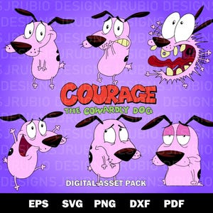 May include: A digital asset pack featuring six illustrations of the pink dog character Courage from Courage the Cowardly Dog, displaying various expressions. The text Courage the Cowardly Dog and Digital Asset Pack is included in the design.