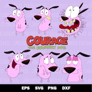 Puede incluir: Seis expresiones diferentes de Courage, el perro cobarde del programa de Cartoon Network. El perro rosa se muestra con diferentes expresiones faciales, incluyendo miedo, sorpresa y felicidad. El texto "COURAGE EL PERRO COBARDES" se muestra debajo de las imágenes.