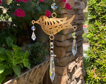 Crystal Bird Suncatcher Mobile with Rustic Bronze Bell Chime