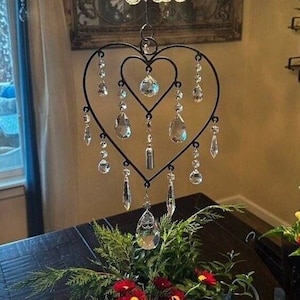 Small Urn with Hearts 18&quot; Crystal Suncatcher on Large Iron Heart Frame Memorial Suncatcher