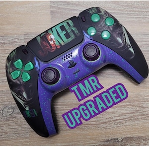 Wow TMR upgraded/thumb-sticks Playstation/PS5 custom controller JOKER with textured & multi splatter on soft touch back  green textu /gripps
