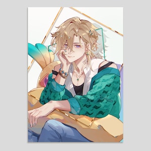 Puede incluir: Una ilustración de estilo anime de una persona con cabello rubio desordenado, vistiendo una chaqueta estampada de color verde azulado sobre una camisa blanca y una camiseta negra. La persona tiene un tatuaje en el cuello, pulseras azules y se apoya en una gran criatura amarilla.