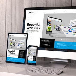 May include: A desktop computer, tablet and smartphone all display the same website design. The website features the text "Beautiful websites." and a design concept of multiple website pages floating in the air.