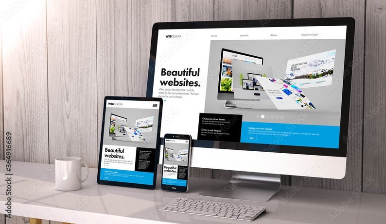 May include: A desktop computer, tablet and smartphone all display the same website design. The website features the text "Beautiful websites." and a design concept of multiple website pages floating in the air.