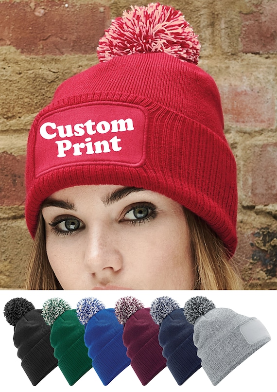 Personalised Custom printed Beechfield Beanie Unisex warm winter Pom Pom Skiing hat