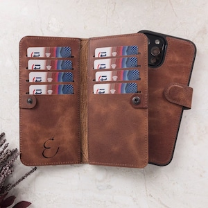 Braune Leder Doppel iPhone 2 in 1 Brieftasche für iPhone 16 15, 14, 13, 12, 11, 11 Pro, X, XS, XR, XS, 6, 7, 8 Plus Abnehmbare iPhone Hülle
