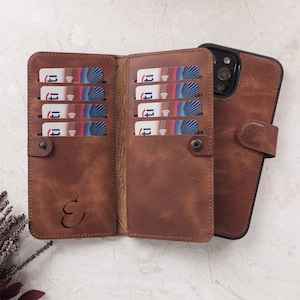 Genuine Brown Leather Double iPhone Wallet Case for iPhone 15, 14, 13, 12, 11, 11 Pro, X, XS, XR, XS, 6, 7, 8 Plus Detachable iPhone Case image 1