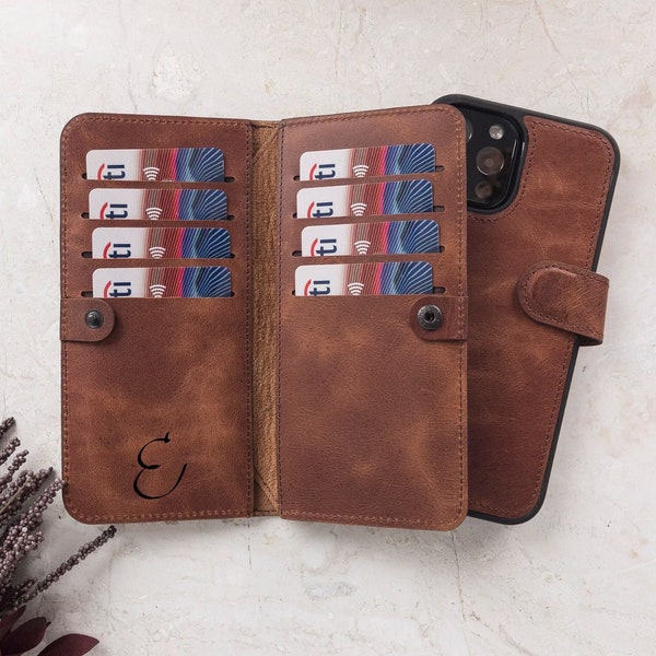 Genuine Brown Leather Double iPhone Wallet Case for iPhone 15, 14, 13, 12, 11, 11 Pro, X, XS, XR, XS, 6, 7, 8 Plus Detachable iPhone Case
