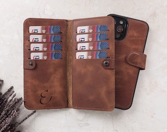 Capa dupla tipo carteira para iPhone, carteira de couro de grão superior para iPhone, capa magnética removível 2 em 1 para iPhone 17, iPhone 16, iPhone 15, iPhone 14