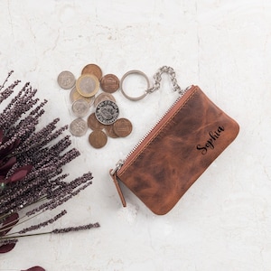 Tarjetero de piel personalizado, cartera fina con cremallera, monedero con llavero, regalo personalizado, negro, marrón, morado, monedero personalizado