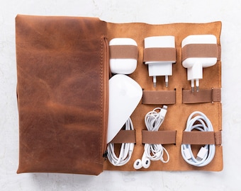 Benutzerdefinierte Kabel-Organizer aus Leder, handgemachte Kabeltasche, Kabel- und Ladegerät-Organizer, Reise-Kabel-Organizer, Tech-Organizer, Hochzeit, Reise-Geschenk