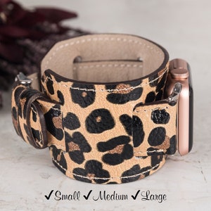 Leopard Pattern Leather Cuff Band Strap, Apple Band 38, 40, 41, 42, 44, 45, 49 mm Wrist Watch, iWatch  Galaxy Fitbit Pixel Fossil Watch Band