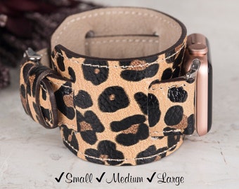 Leopard Pattern Leather Cuff Band Strap, Apple Band 38, 40, 41, 42, 44, 45, 49 mm Wrist Watch, iWatch  Galaxy Fitbit Pixel Fossil Watch Band