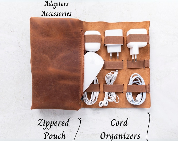 Leather Cable Organizer, Handmade Cable Bag, Cable and Charger Organizer, Travel Cord Organizer, Tech Organizer, Wedding, Travel Gift