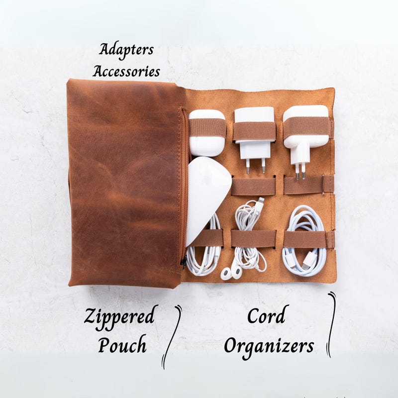 Personalized Leather Cable Organizer, Handmade Travel Tech Bag, Charger, Cord Organizer, Custom Tech Case, Gift for Travelers, Gadget Lovers