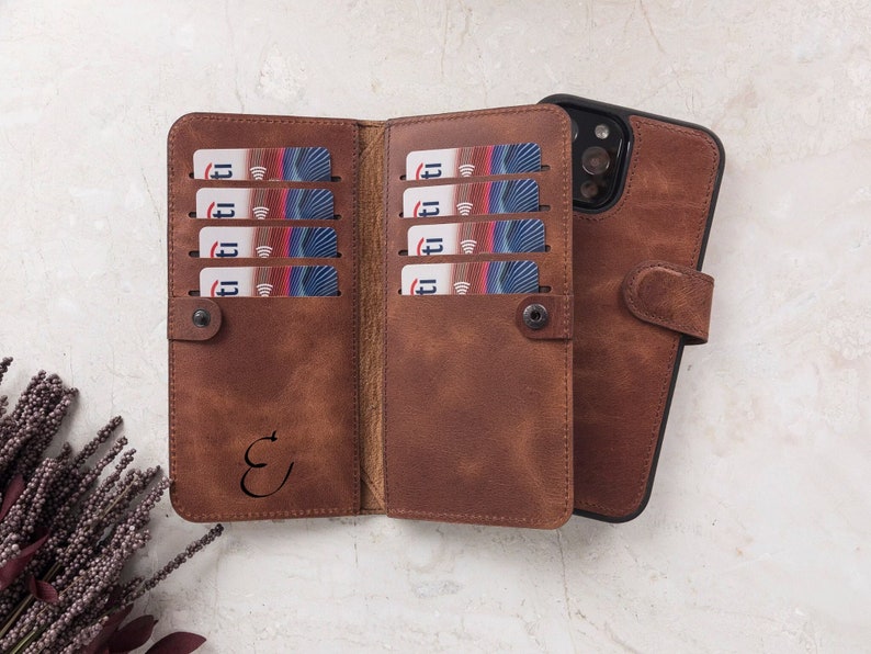 Genuine Brown Leather Double iPhone Wallet Case for iPhone 15, 14, 13, 12, 11, 11 Pro, X, XS, XR, XS, 6, 7, 8 Plus Detachable iPhone Case image 1